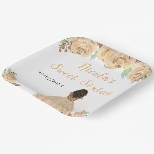 Dark Skin Princess Peach Floral Sweet Sixteen Pappteller (Gewinkelt)