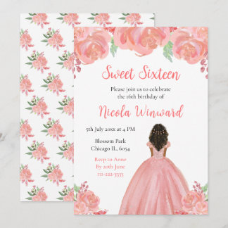 Dark Skin Princess Pink Floral 16 . Geburtstag Einladung