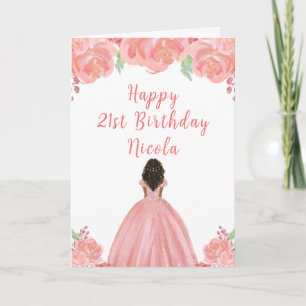 Dark Skin Princess Pink Floral Geburtstagsparty Karte