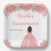 Dark Skin Princess Pink Floral Quinceanera Pappteller (Vorderseite)