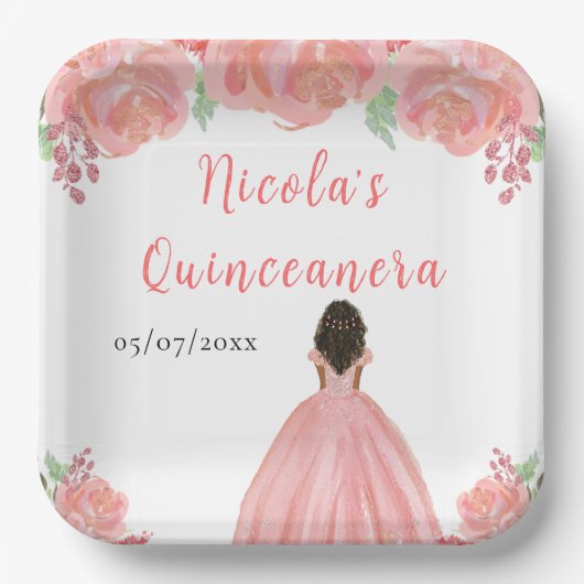 Dark Skin Princess Pink Floral Quinceanera Pappteller (Vorderseite)