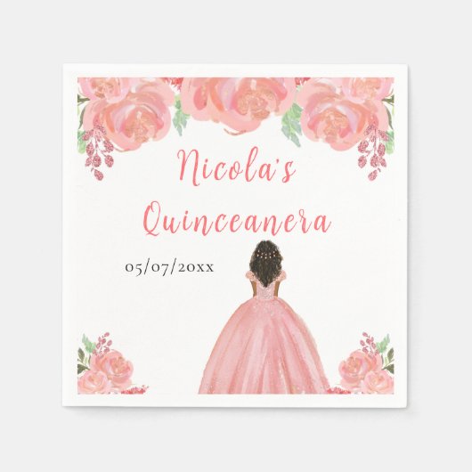 Dark Skin Princess Pink Floral Quinceanera Serviette (Vorderseite)