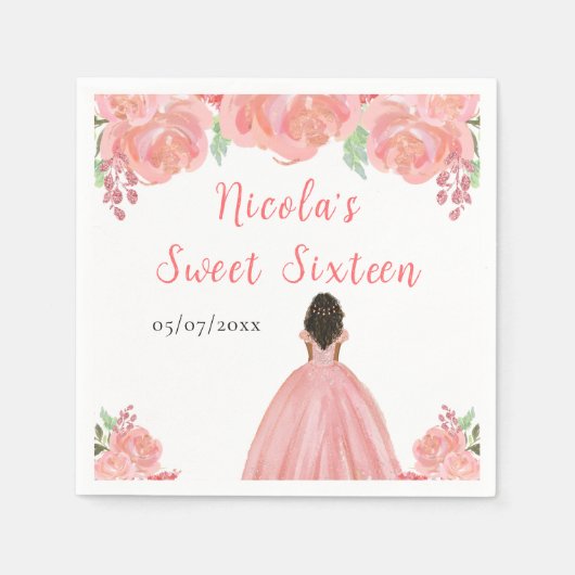 Dark Skin Princess Pink Floral Sweet Sixteen Serviette (Vorderseite)