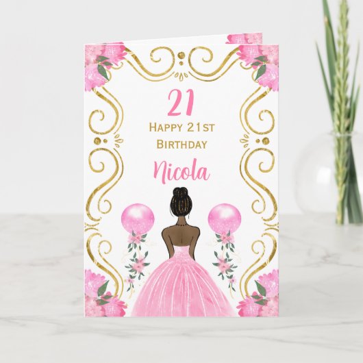 Dark Skin Princess Pink Happy Birthday Karte (Vorderseite)