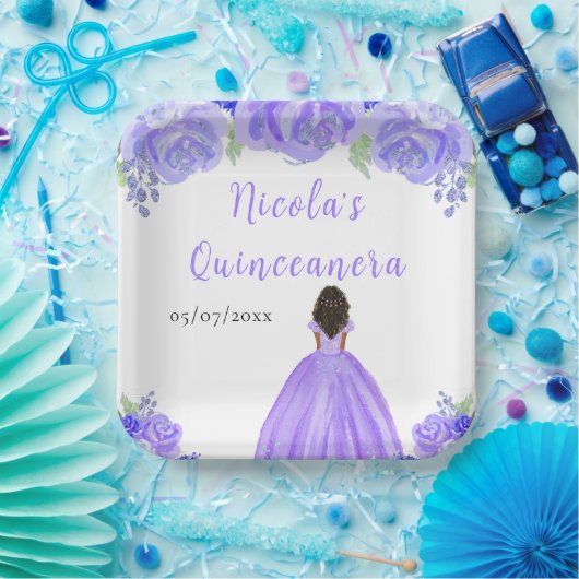 Dark Skin Princess Purple Floral Quinceanera Pappteller (Party)