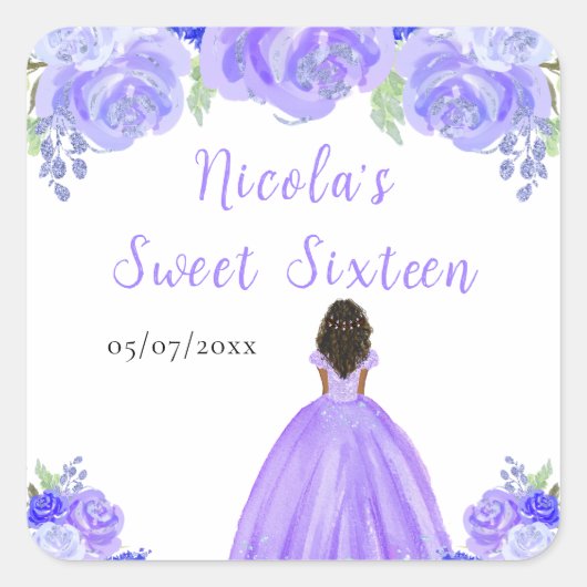 Dark Skin Princess Purple Floral Sweet Sixteen Quadratischer Aufkleber (Vorderseite)
