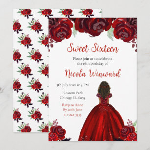 Dark Skin Princess Red Floral 16 . Geburtstag Einladung