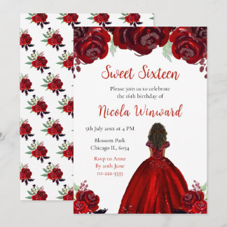 Dark Skin Princess Red Floral 16 . Geburtstag Einladung