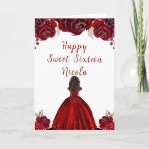 Dark Skin Princess Red Floral 16 . Geburtstag Karte