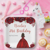 Dark Skin Princess Red Floral Birthday Pappteller (Party)