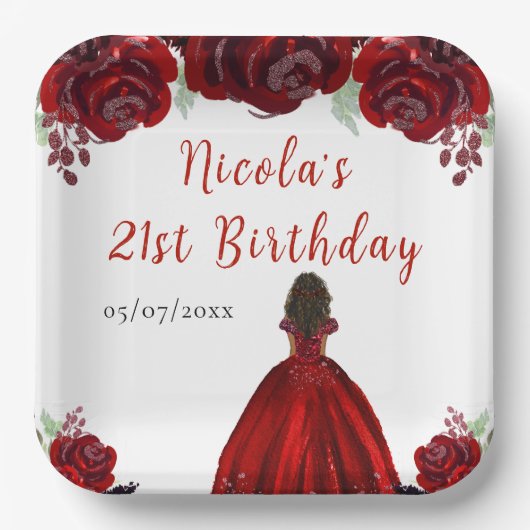 Dark Skin Princess Red Floral Birthday Pappteller (Vorderseite)