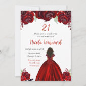 Dark Skin Princess Red Floral Birthday Party Einladung (Vorderseite)