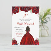 Dark Skin Princess Red Floral Birthday Party Einladung (Stehend Vorderseite)