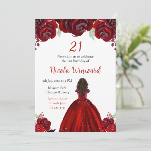 Dark Skin Princess Red Floral Birthday Party Einladung (Stehend Vorderseite)