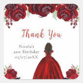 Dark Skin Princess Red Floral Birthday Quadratischer Aufkleber (Vorderseite)