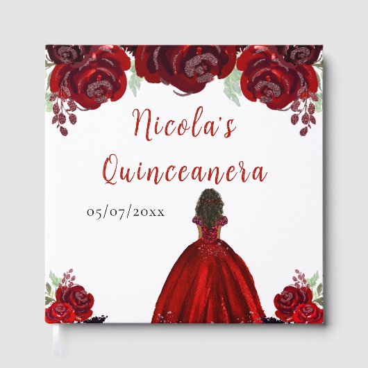 Dark Skin Princess Red Quinceanera Guest Book Gästebuch (Vorderseite)