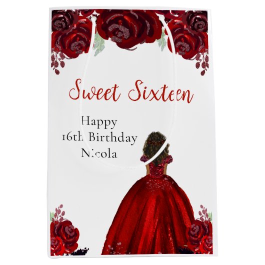 Dark Skin Princess Red Sweet Sixteen Mittlere Geschenktüte (Vorderseite)