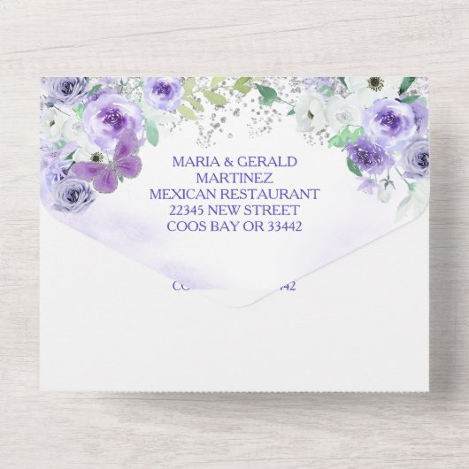 Dark Skin Ton Lilac Lila Prinzessin Quinceañera All In One Einladung (Rückseite)