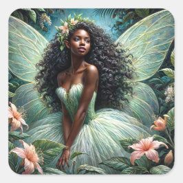 Dark-Skinned Fairy In Mint Green Botanical Quadratischer Aufkleber