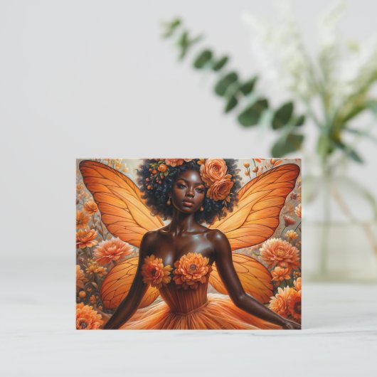 Dark-Skinned Fairy With Afro - Orange Floral Postkarte (Stehend Vorderseite)