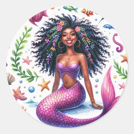 Dark-Skinned Mermaid With Pink Tail Runder Aufkleber (Vorderseite)