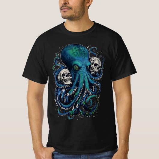 Dark Skull Art - Gothic Octopus Horror T - Shirt (Vorderseite)