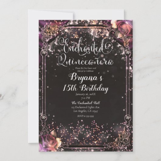 Dark Sparkle Glitzer Glam Lights Quinceañera Einladung (Vorderseite)