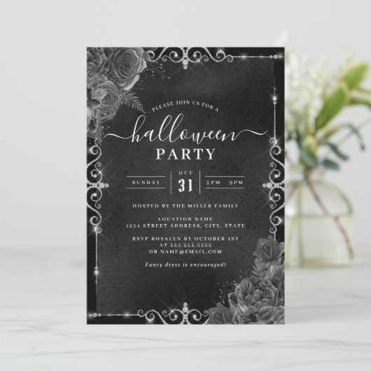 Dark Spooky Floral Jewel Halloween-Party Einladung (Stehend Vorderseite)