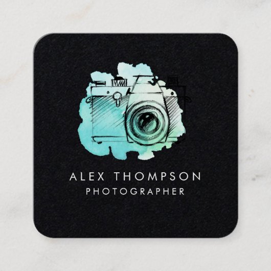 Dark Square Watercolor Camera Fotograf Quadratische Visitenkarte (Vorderseite)