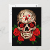 Dark Sugar Skull mit Rote Rosen Postkarte (Vorne/Hinten)