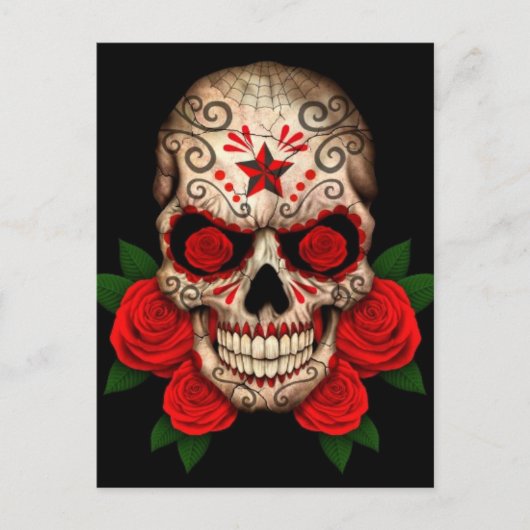 Dark Sugar Skull mit Rote Rosen Postkarte (Vorderseite)