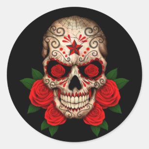 Dark Sugar Skull mit Rote Rosen Runder Aufkleber