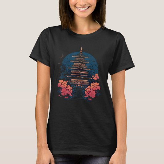 Dark Synthwave Cherry Blossom Temple T-Shirt (Vorderseite)