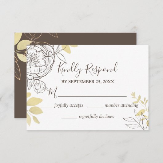Dark Taupe & Gold Peony Floral Wedding RSVP Card (Vorne/Hinten)
