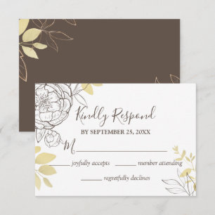 Dark Taupe & Gold Peony Floral Wedding RSVP Card Karte
