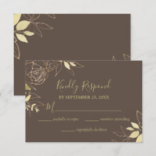 Dark Taupe & Gold Peony Floral Wedding RSVP Card Karte