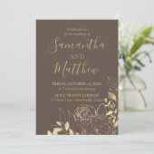 Dark Taupe & Gold Peony Moderne Blumenhochzeit Einladung (Stehend Vorderseite)