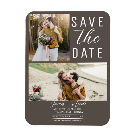 Dark Taupe Moderne 2 Fotos Save the Date Hochzeit Magnet (Vertikal)