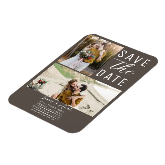 Dark Taupe Moderne 2 Fotos Save the Date Hochzeit Magnet (Linke Seite)