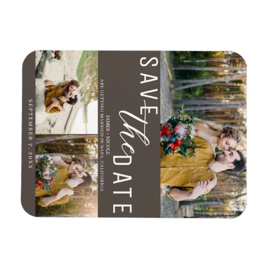 Dark Taupe Save the Date Hochzeit 3 Fotos Magnet (Horizontal)
