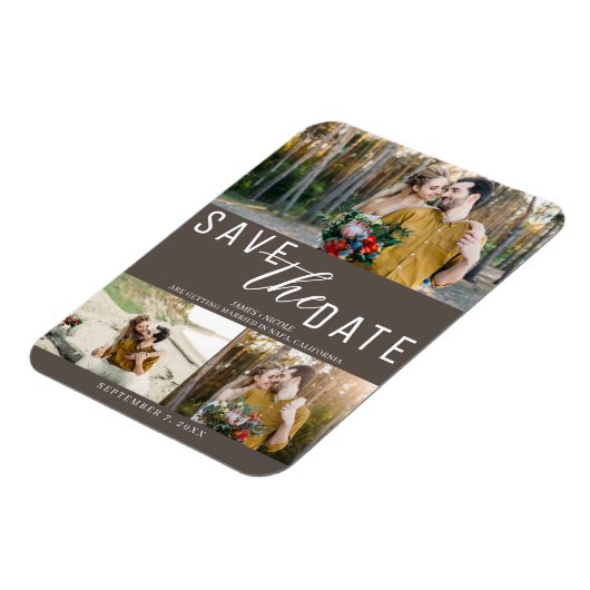 Dark Taupe Save the Date Hochzeit 3 Fotos Magnet (Linke Seite)