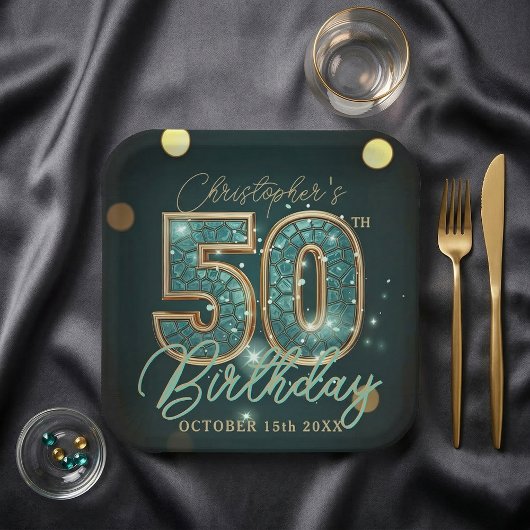 Dark Teal and Gold Mosaic 50th Birthday Party Pappteller