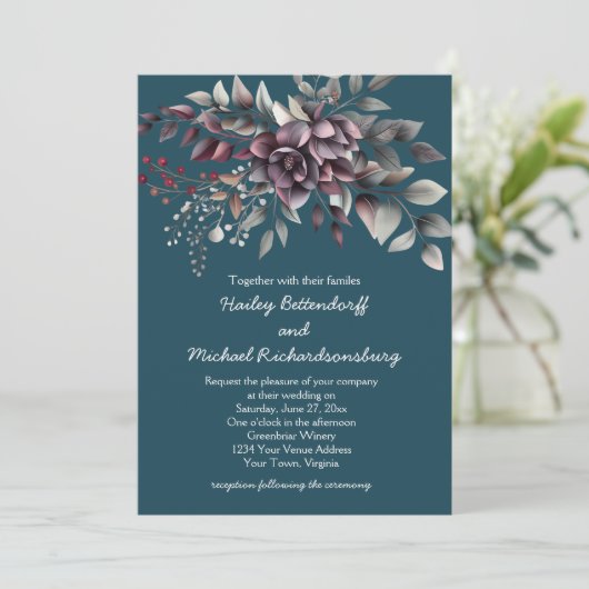 Dark Teal, Burgundy, Dusty Purple, Sage Wedding | Einladung (Stehend Vorderseite)