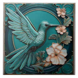 Dark teal faux relief Art Nouveau Hummingbird R Fliese