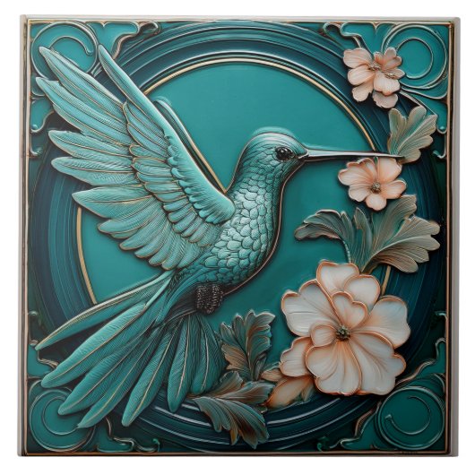 Dark teal faux relief Art Nouveau Hummingbird R Fliese (Vorderseite)