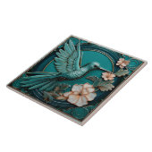Dark teal faux relief Art Nouveau Hummingbird R Fliese (Seite)