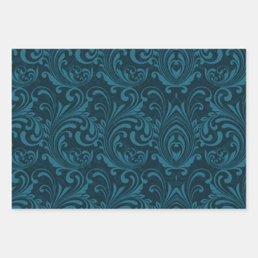 Dark teal floral damask pattern geschenkpapier set (Vorderseite)