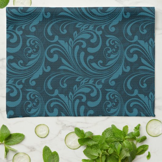 Dark teal floral damask pattern geschirrtuch (Gefaltet)
