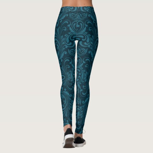 Dark teal floral damask pattern leggings (Rückseite)