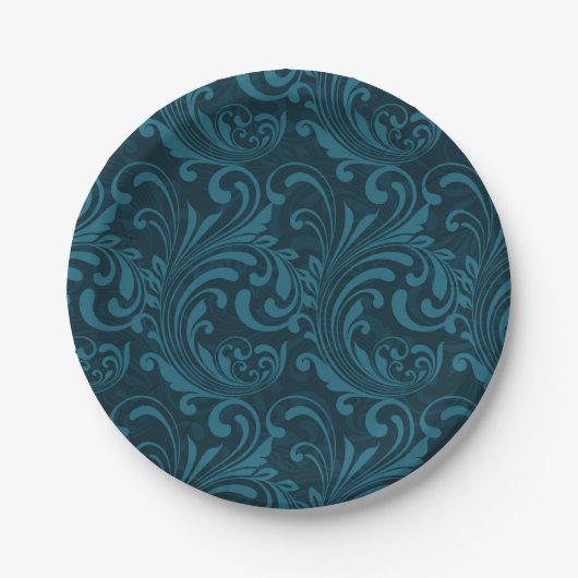 Dark teal floral damask pattern pappteller (Vorderseite)